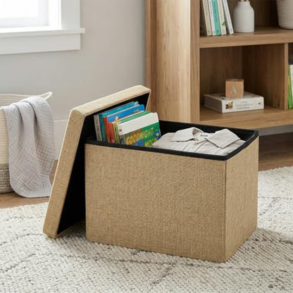 HOZEON 3 Pack 15.7 x 9.8 x 9.9 Inches Folding Storage Ottoman, Khaki Rectangle Footrest Seat, Multifunctional Foot Stool for Living Room, Office, Traveling, Fishing, Camping - color: Khaki