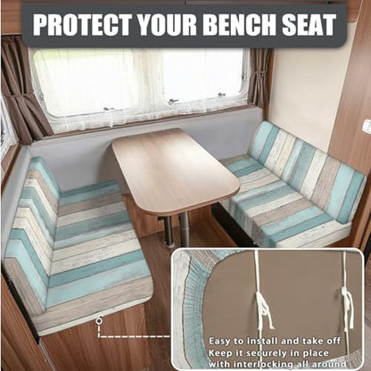 Blue White Wood Pattern 3 Pieces RV Dinette Cushion Covers Scratch-Resistant RV Couch Cover wuth Pillowcase, Sofa Furniture Protector Camper Seat Covers Dinette Booth - color: Blue White Wood