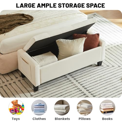 Velvet Storage Ottoman Bench for Bedroom, End of Bed Bench with Button, Side Storage Pockets, Organizer Storage Chest, Upholstered Foot Rest, Load up to 400 lb, for Living Room, Entryway, Beige