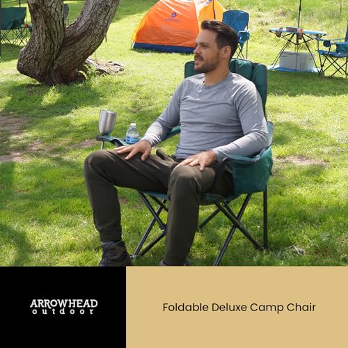 ARROWHEAD OUTDOOR 2-Pack Portable Deluxe Folding Camp Quad Chair w/Headrest, Glass & Cup Holders, Armest 6-can Cooler, Heavy Duty Carry Bag, 550 lbs Weight Capacity - color: Black 2pack