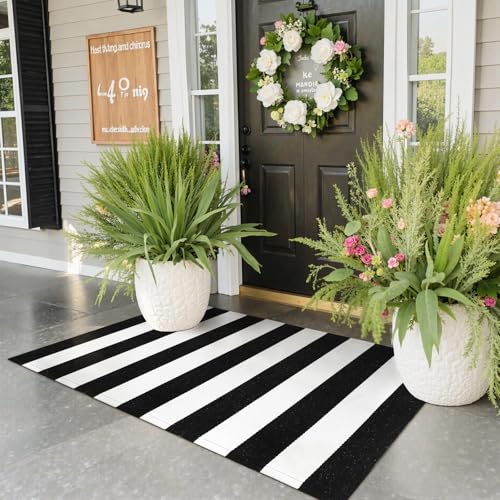 Collive Black and White Outdoor Striped Rug 24"x 51", Cotton Woven Front Porch Rug Decor,Washable Front Door Rugs, Farmhouse Layered Door Mats Outdoor for Entryway Entrance - color: Black and White, size: 2' x 4'3" (Rectangular)