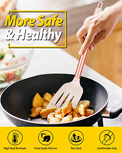 Pack of 2 Silicone Solid Turner, Non Stick Slotted Kitchen Spatulas, High Heat Resistant BPA Free Cooking Utensils, Ideal Cookware for Fish, Eggs, Pancakes(Rose Gold Khaki) - color: Rose Gold Khaki
