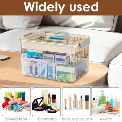 Medicine Organizer Storage Box with Handle, Clear Plastic First Aid Kit Organizer, Portable Multipurpose Emergency Supplies Container with Removable Tray for Home Office, Waterproof (Clear)