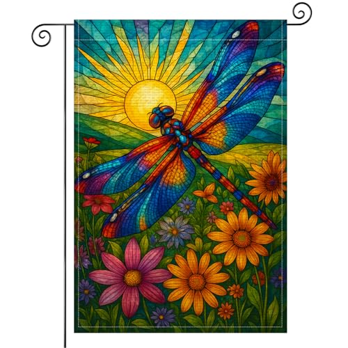 BlissYard Spring Dragonfly Garden Flag 12x18 Inch Double Sided Stained Glass Style Sun Meadow Burlap Garden Flag Rustic Farmhouse Yard Outdoor Banner for Porch Patio Lawn Spring Summer Decoration - color: Dragonfly Flag