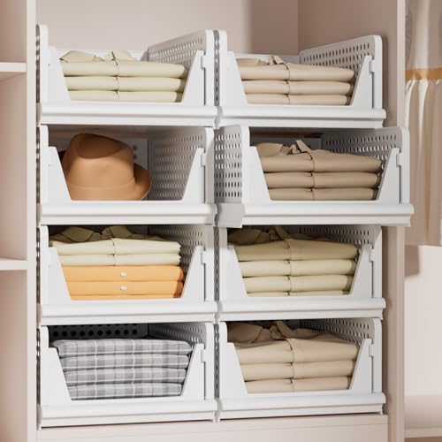 Proarea Stackable Plastic Storage Basket Closet Organizer Bin Foldable Clothes Organizer Storage Drawer Shelf Container for Living Room Bathroom Kitchen Office Laundry Room - color: White, size: 4 Pack 4 L