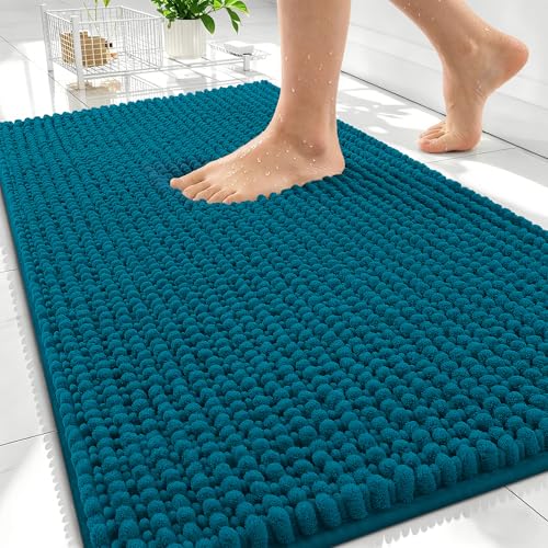 OLANLY Thick Bathroom Rugs 34x21, Extra Soft Absorbent Chenille Bath Rugs, Rubber Backing, Machine Wash Dry, Bath Mats for Bathroom Floor, Tub and Shower, Home Decor Accessories, Peacock Blue - color: Peacock Blue, size: 34" X 21"