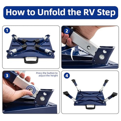 Homeon Wheels RV Step Stool, Portable Folding Aluminum Platform with Anti-Slip Surface and Handles, Adjustable Height Safety Step, Heavy-Duty Design for Camping, Travel Trailer, Truck, Blue - color: Blue