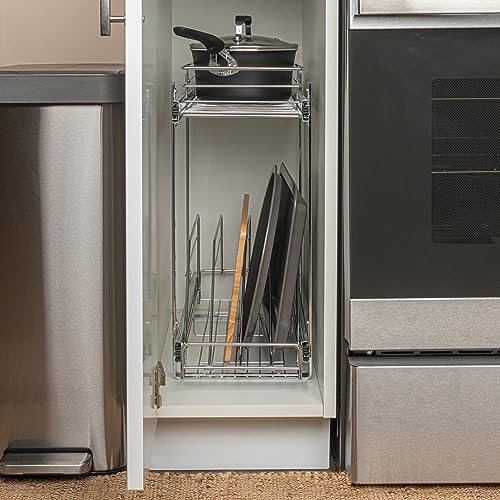 Household Essentials Glidez Multipurpose Chrome-Plated Steel Pull-Out/Slide-Out Dual-Sliding Storage Organizer for Cookware and Bakeware - 2-Tier Design - Fits Standard Size Cabinet or Shelf, Chrome - size: 9" - Extended, style: Dual Slide