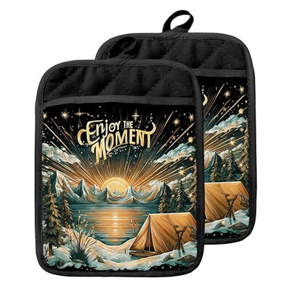 Boho Sun Starry Forest Camping Pot Holders with Pockets, Gifts for Camping Lovers, Enjoy the Moment Oven Pot Holders Heat Resistant Oven Mitts Hot Pads for Kitchen Baking Cooking - color: Campfire-a