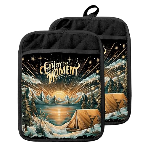 Boho Sun Starry Forest Camping Pot Holders with Pockets, Gifts for Camping Lovers, Enjoy the Moment Oven Pot Holders Heat Resistant Oven Mitts Hot Pads for Kitchen Baking Cooking - color: Campfire-a