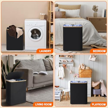 GARPROVM Double Laundry Hamper with Lid 150L Large Laundry Basket with Bamboo Handles Foldable Clothes Hampers with 2 Removable Liner Bags for Laundry for Bedroom Bathroom Dorm Laundry Room, Black - color: Black