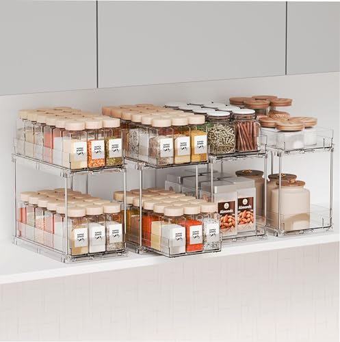 Yieach 4 Pack 2 Tier Vertical Spice Rack Pull Out,10.4'' Deep Narrow Slide Out Spice Rack Organizer for Inside Cabinets,Kitchen,Pantry,Cupboard Seasoning,Can,Jar Organizer and Medicine Cabinet Storage - color: Clear-2 Drawer