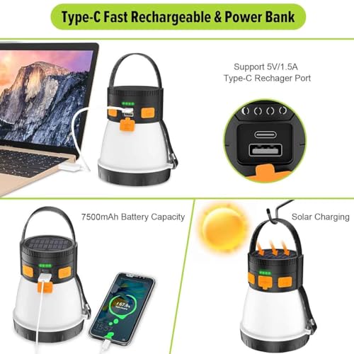 2 Pack LED Camping Lantern, 1500 Lumens Camping Lantern Rechargeable with Solar Panel Charging, Waterproof, 8 Light Modes, 7500mAh Power Bank, Camping Flashlight for Hurricane Emergency, Outdoor - size: Orange&Black 2Packs