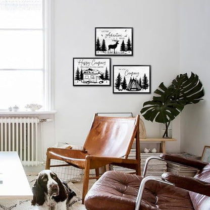 HOMEOART Camping Wall Decor RV Adventure Painting Camper Decor Art Print with Black Frame, Camper Living Room Bathroom Bedroom Decoration,Framed 12x16inchx3Pieces,Black and White