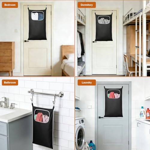 Hanging Laundry Hamper, Over the Door Laundry Hamper with Wide Opening and Full-Length Zipper, Easy Storage & Access, Space Saving for Bathroom, Bedroom, Dorm, Travel (Black)