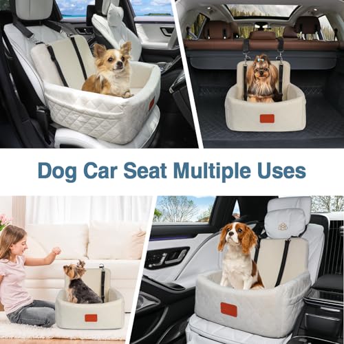 WOOAIDAGG Dog Car Seat for Under 30lbs Dogs,Comfy Febric Fill in Memory Foam,Washable and Detachable Pet Travel Car Bed,Anti-Slip Bottom,2 Safety Leashes & Storage Pockets(Beige) - color: Beige