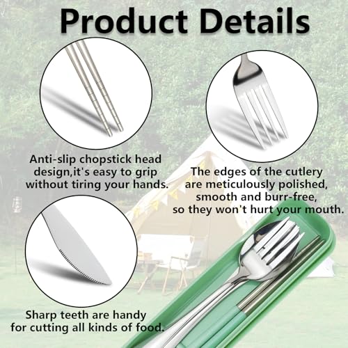 JEPELUS 2 Pcs Travel Utensils with Case, Reusable Lunch Box Silverware Set for Adult, Stainless Steel Cutlery Set Include Fork Spoon Knife Chopsticks Case for Work Camping Office School (Pink+Green)