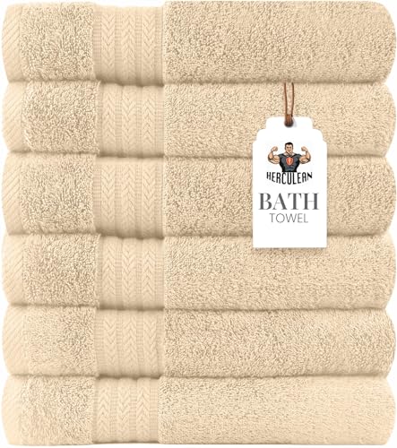 HERCULEAN Large Bath Towels 24 x 50 Pack of 6 | Quick Dry and Highly Absorbent | 100% Cotton Terry Towels for Bathroom - Perfect for Shower - Pool and Spa - Luxury Soft Towels - Beige - color: Beige, size: 24" x 50" PK 6