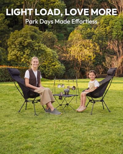 MOBI GARDEN High Back Camping Chair, 400lb Heavy Duty Portable Folding Chair with Adjustable Headrest, Ultralight Moon Chair with Universal Anti-Sinking Feet and Side Pocket for Beach, Hiking, Picnic