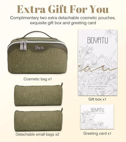 BOYATU Travel Makeup Bags Cosmetic Organizer Bag: 3 Pcs Set Large Capacity Make up Bag with Compartments - Waterproof Leather Toiletry Bags with Handle for Women (A-Green) - color: A-Green