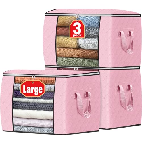 Fab totes 24 Gallons Clothes Storage, Foldable Thick Fabric Blanket Storage Bags, Containers for Organizing Bedroom, Closet, Clothing, Comforter, Organization with Handle (3 Pack,Pink) - color: Pink, size: 3 Pack-90l