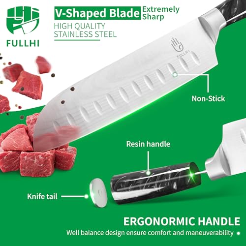 FULLHI 15pcs Japanese Knife Set with Magnetic Knife Block Holder, Japan Stainless Steel Blades, Black Resin Ergonomic Handles for Professional and Home Cooking - color: Black, size: Magnetic Block Knife set