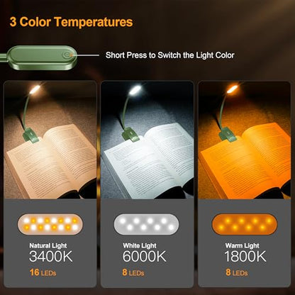 Gritin 16 LED Rechargeable Book Light for Reading in Bed- Eye Caring 3 Color Temperatures, Stepless Dimming Brightness, 80 Hrs Runtime, Lightweight Flexible Clip on Light for Book Lovers-Dark Green | Eye Caring 3 Color Temperatures, Stepless Dimming Brigh