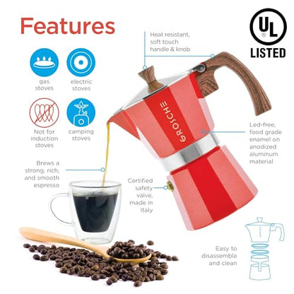 GROSCHE Milano 6 Espresso Cup, 9.3 oz Red Stovetop Espresso Maker - Italian Moka Pot - color: Red, size: 6 espresso cups