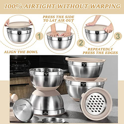 Mixing Bowls with Airtight Lids Set, 26PCS Stainless Steel Khaki Bowls with Grater Attachments, Non-Slip Bottoms & Kitchen Gadgets Set, Size 7, 4, 2.5, 2.0,1.5, 1QT, Great for Mixing & Serving - color: Khaki