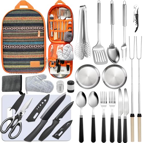 Camping Cooking Utensils Set - Camping Utensil Set Car Camping Cooking Essentials Gear for Camp Kitchen Cooking and Grilling, Stainless Steel & Silicone Ideal Gift for RV Tent Camper - color: National style-24Pcs
