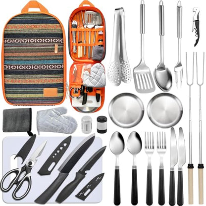 Camping Cooking Utensils Set - Camping Utensil Set Car Camping Cooking Essentials Gear for Camp Kitchen Cooking and Grilling, Stainless Steel & Silicone Ideal Gift for RV Tent Camper - color: National style-24Pcs