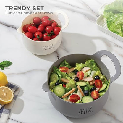 Rae Dunn Non-Slip Mixing Bowls - 4 Piece Nesting Plastic Mixing Bowl Set with Pour Spouts and Handles-Measurement Markings (Grey) - color: Gray
