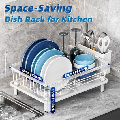 Dish Drying Rack, Stainless Steel-Dish Rack, Dish Racks for Kitchen Counter, Kitchen Dish Drainers with Removable Utensil Holder,New drain outlet,Plate Rack and Drainboard,(White-11" W x 15" L) - color: White