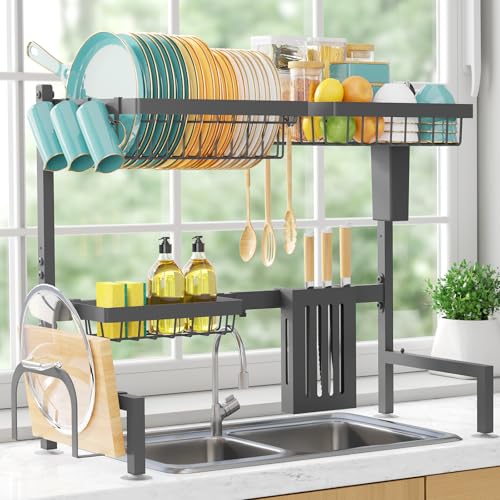 Sakugi Over The Sink Dish Drying Rack - Adjustable 2 Tier Large Capacity Stainless Steel Drainer with Cutlery & Utensil Holders, Kitchen Storage & Organization, 30"-33.9" L x 11" W x 21.5" H, Gray - color: Gray, size: Standard - 3 Baskets