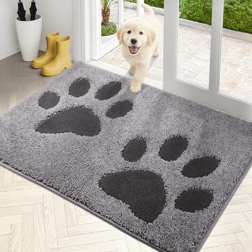 PURRUGS Dirt Trapping Door Mat 32" x 47", Non-Skid/Slip Machine Washable Microfiber Entryway Rug, Dog Doormat, Super Absorbent Welcome Mat for Muddy Wet Shoes and Paws, Grey - color: Grey, size: 32" X 47"