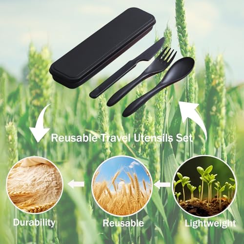 Wheat Straw Utensils Set with Case, Reusable Travel Cutlery Knife Fork Spoon, BPA-Free Portable Flatware for Camping, Hiking & Picnic (Black) - color: Black