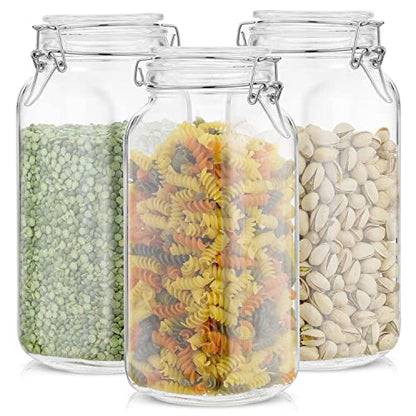 JoyJolt Airtight Glass Jars with Lids Set of 3. 78oz Glass Jar with Lid and 6 Silicone Seals! Large Glass Food Storage Containers. Square Mason Jar, Candy Jar, Flour Jar, Pasta Containers for Pantry