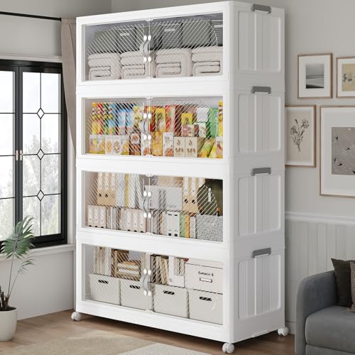 60GAL/240QT Plastic Storage Bins with Lids & Wheels, Collapsible Stackable Storage Boxes, Large Folding Cabinet Organizers for Closet Home Kitchen Office, 4Pack White - color: White, size: 15Gal-4Pack