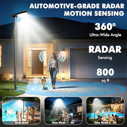 100" Solar Outdoor Street Lights with Pole & Remote, IP65 Waterproof 420 LEDs Solar Security Flood Motion Lights, Dusk to Dawn Solar Post Lamp for House, Yard, Garden, Patio, Lawn, Garage, Driveway - size: 100'' Height with die-cast base