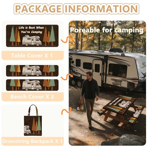 Picnic Table Cover with Bench Covers Elastic Edges, Outdoor Patio Camping Essentials 72 Inch 3PCS, Waterproof Camping Fitted Tablecloth with Handbags (Life is Best When You're Camping) - color: Wooden Camping Trailer, size: 72" x 30" (Rectangular)