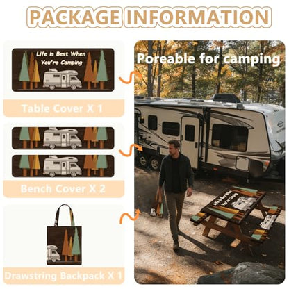 Picnic Table Cover with Bench Covers Elastic Edges, Outdoor Patio Camping Essentials 72 Inch 3PCS, Waterproof Camping Fitted Tablecloth with Handbags (Life is Best When You're Camping) - color: Wooden Camping Trailer, size: 72" x 30" (Rectangular)