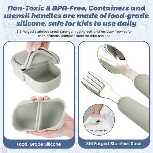 Silicone Snack Containers for Kids (8.5Oz, 2-Compartment)+ Kids Silicone Cutlery Set (Spoon and Fork) - BPA Free, Leak Proof, Great for Toddler/Kid/Adult Meal Prep Containers (White) - color: White