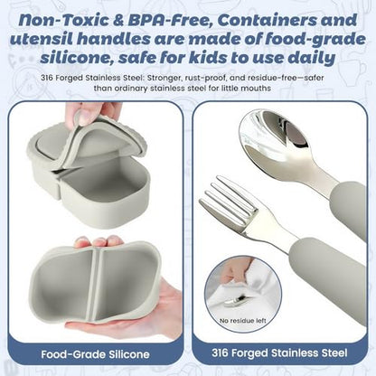Silicone Snack Containers for Kids (8.5Oz, 2-Compartment)+ Kids Silicone Cutlery Set (Spoon and Fork) - BPA Free, Leak Proof, Great for Toddler/Kid/Adult Meal Prep Containers (White) - color: White