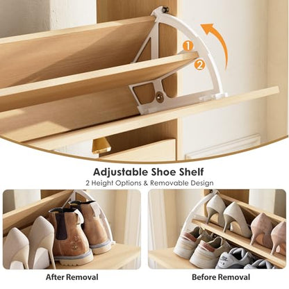 Nicetree Shoe Cabinet with 3 Flip Drawers，Freestanding Shoe Storage Cabinet, Narrow Shoe Organizer Cabinet, Farmhouse Slim Shoe Rack Cabinet for Entryway,Natural Oak with Hook - color: Natural Oak, style: 3-Drawers with Hook