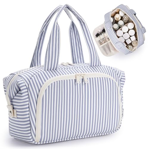 Narwey Travel Toiletry Bag for Women, Wide Open Large Makeup Bag, Cosmetic Bag Make Up Organizer with Handle, Wet Pocket for Towel, Travel Bag for Toiletries, Brushes, Essentials (Greyish Blue Stripe) - color: Y-Greyish Blue Stripe