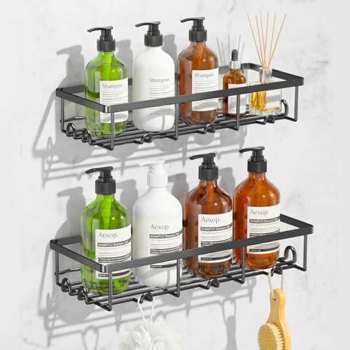 Adhesive Large Wall Shower Caddy Shelves for Inside Shower with Hooks | 2 Pack Shower Organizer Basket Rack, Shampoo Holder for Dorm Apartment RV Camper, Bathroom Storage and Organization, Black - color: Black, size: Large 2 Pack