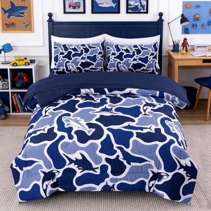 Meeting Story Twin Camo Bedding Set 5 Piece for Boys, Ocean Camo Comforter Set with Shark & Whale, Soft Lightweight All Seasons Kids Bedding Set(Navy,Twin)