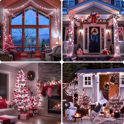 JMEXSUSS 2 Pack Red and White Battery Christmas Lights, Each 33ft 100 LED Battery Powered String Lights with Remote for Tree Patio Yard House Party Birthday Outside - color: Red&White, size: 2*100LED