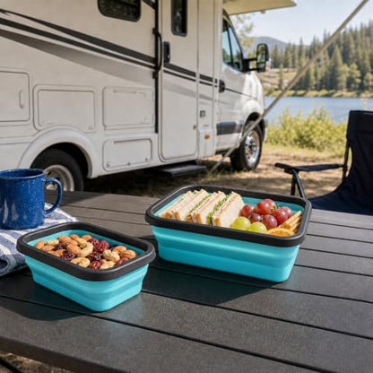 Guyuyii 4 Pack Space-Saving Collapsible Food Storage Containers with Lids | 12/17/27/40 oz Food-Grade Silicone Set for RV, Camping, Meal Prep, Small Kitchens - Microwave/Freezer/Dishwasher Safe - color: blue