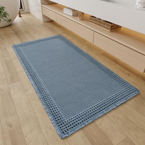 RESARE Waffle Bathroom Runner Rugs, Super Absorbent Bath Mat Non Slip Washable Quick Dry, Upgraded Ultra Soft Boho Bath Rugs with Tassels, Farmhouse Home Decor Accessories, 2'x4'(24"x48") Blue - color: Blue, size: 2' X 4'